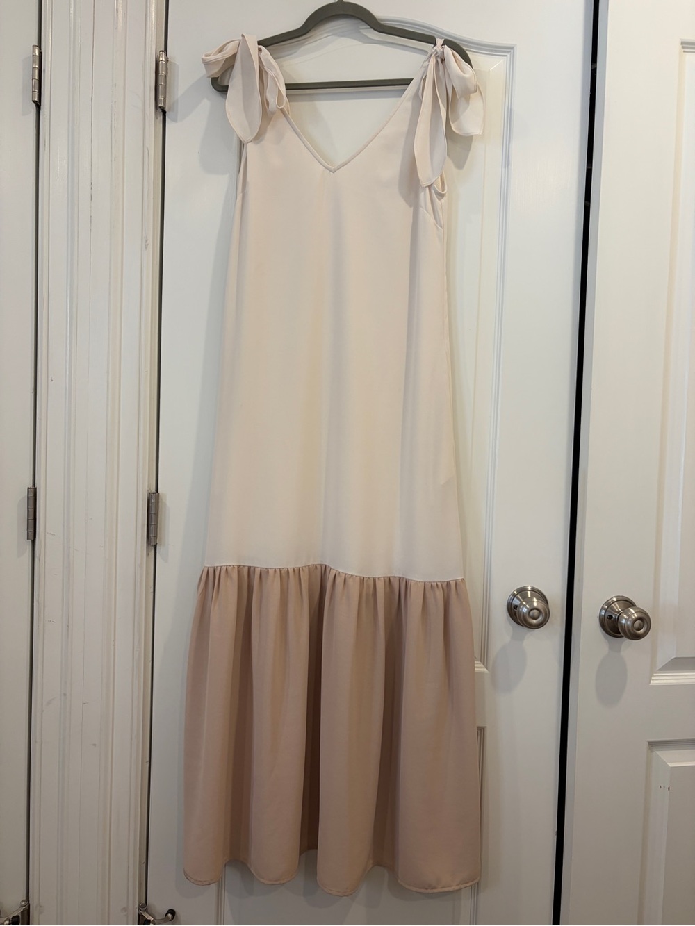 SugarLips Tie-Shoulder V-Neck Two-Tone Maxi Dress in Cream & Tan